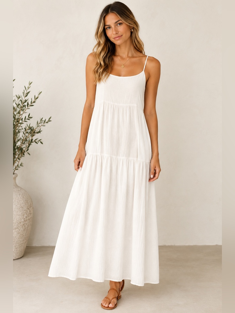 White Linen Blend Maxi Dress
